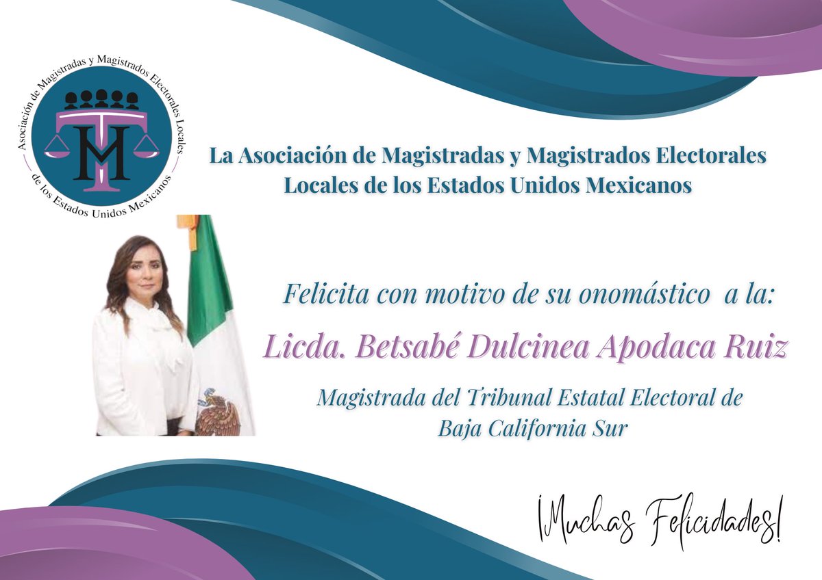 Las Magistraturas que integramos #AMMEL felicitamos con motivo de su cumpleaños a nuestra asociada la Licda. <a href="/ApodacaDulcinea/">Betsabé Dulcinea Apodaca Ruiz</a>, Magistrada del <a href="/TEEBCS/">Tribunal Estatal Electoral BCS</a>. 

¡Muchas Felicidades!