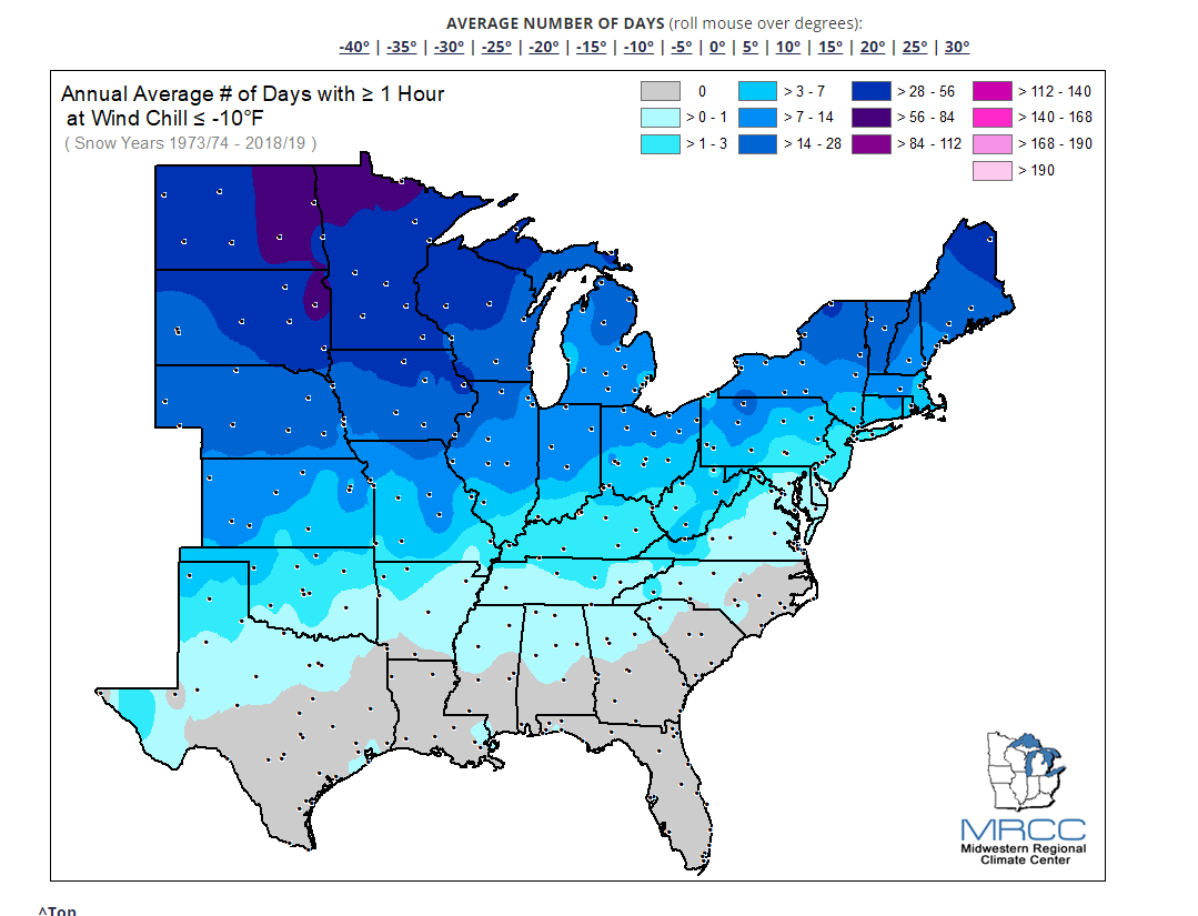 MidwestClimate's tweet image. How often do we see sub-zero wind chills? 🥶
In the Upper Midwest, it can reach 10 below zero over 50 days during the winter! 
But it's not that often in most of the country. 
And in Texas, where it could happen next week, it almost never happens.