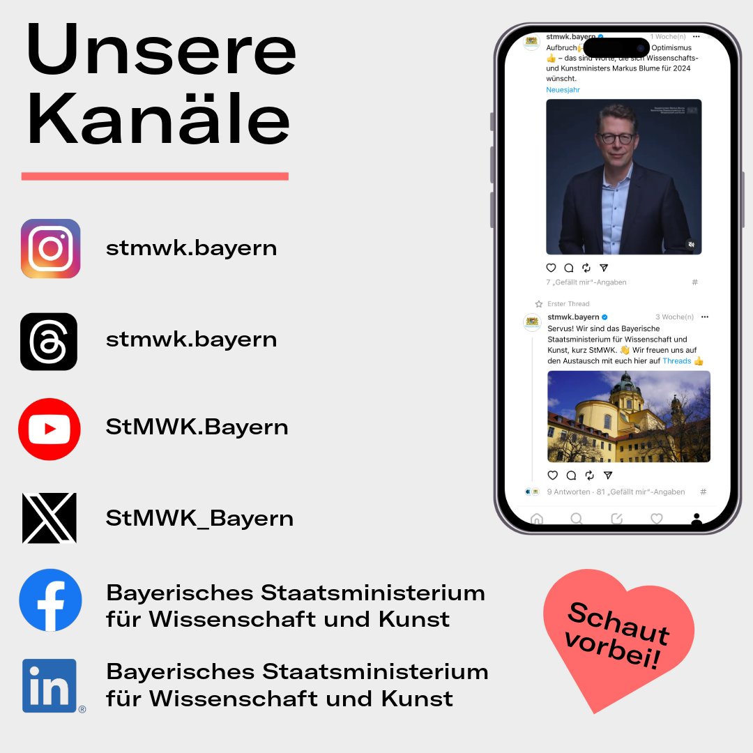 StMWK_Bayern's tweet image. Kennt ihr schon alle unsere Social-Media-Kanäle?
Schaut gerne vorbei. Wir freuen uns! 🙌
#Wissenschaft #Kunst #Kultur #Bayern