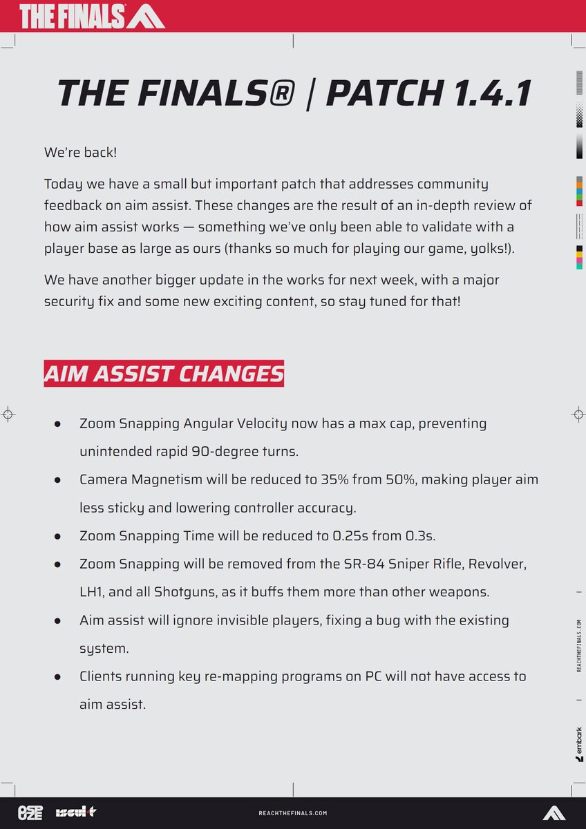 reachthefinals's tweet image. 🛠️ We’re back with a small patch that addresses community feedback on aim assist. These changes are the result of an in-depth review of how aim assist works in the game. Another bigger update due next week, stay tuned! 🛠️