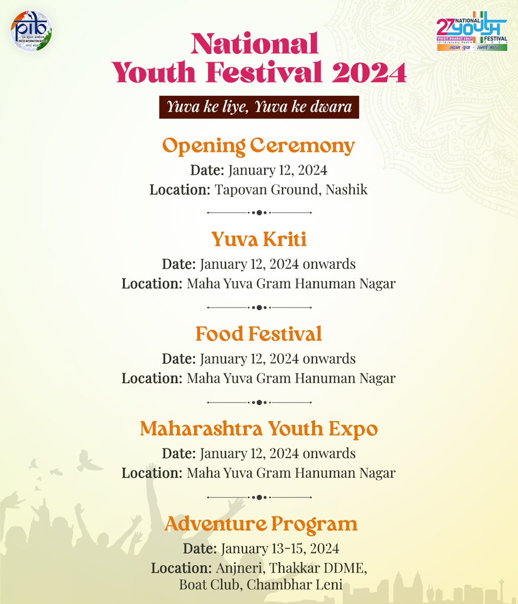 PIB_India's tweet photo. Witness the vibrant tapestry of young India at the 27th #NationalYouthFestival in Nashik 

▪️ Theme for the year 2024 - "Viksit Bharat@ 2047: Yuva ke liye, Yuva ke dwara"

▪️ More than 88,000 volunteers to participate in #NYF2024

🗓️January 12-16, 2024