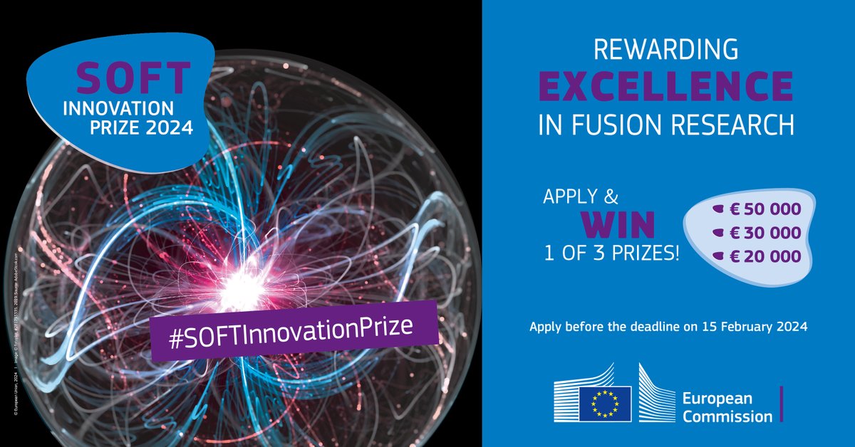 iterorg's tweet photo. 15 February - is the NEW DEADLINE for submissions for the next SOFT #Innovation Prize.
The prize awards outstanding achievements in #fusionenergy research. Winners will be awarded the prize at the next SOFT in Sep 2024 in Dublin.
#FusionScience #ITER #research #SOFT2024 https://t.co/QYIWQS0tbm