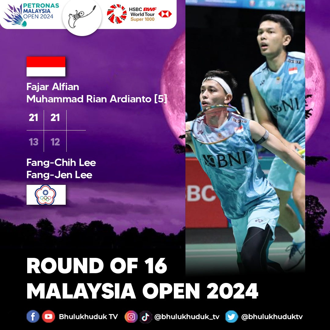 bhulukhuduktv's tweet photo. PETRONAS Malaysia Open 2024

Round of 16 - MD

Fajar ALFIAN/Muhammad Rian ARDIANTO [5] 🇮🇩 vs Fang-Chih LEE/Fang-Jen LEE 🇹🇼

21-13 21-12 WIN

FajRi Berhasil Revans dan Lolos ke Babak Perempat Final

#MalaysiaOpen2024
#MalaysiaOpenSuper1000
#BWFWorldTourSuper
#BhulukhudukTV https://t.co/T9LYsrTP7W