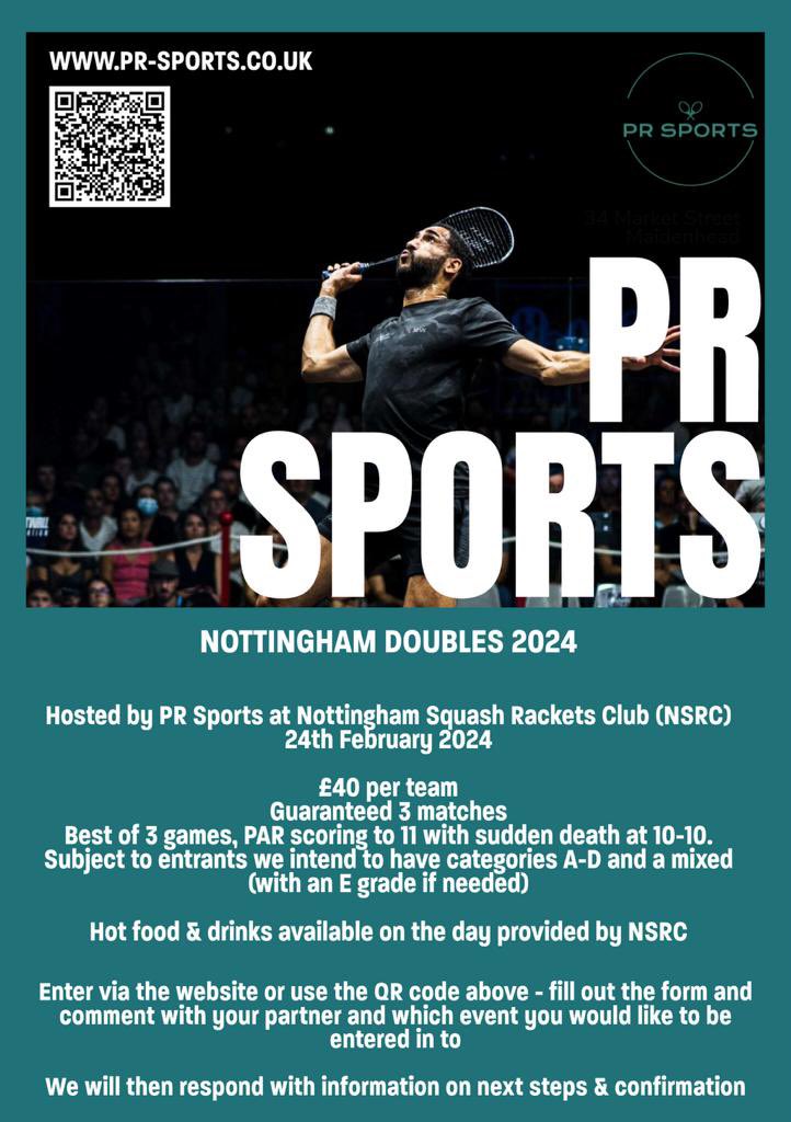 Nottingham Open Doubles returns 24th Feb. Entries at pr-sports.co.uk