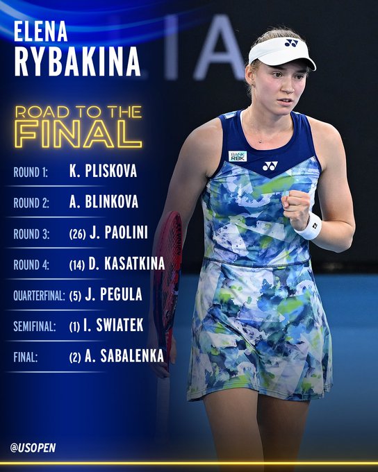 Road to the Final for Elena Rybakina. Round 1: Pliskova, Round 2: Blinkova, Round 3: Paolini, Round 4: Kasatkina, Quarterfinal: Pegula, Semifinal: Swiatek, Final: Sabalenka