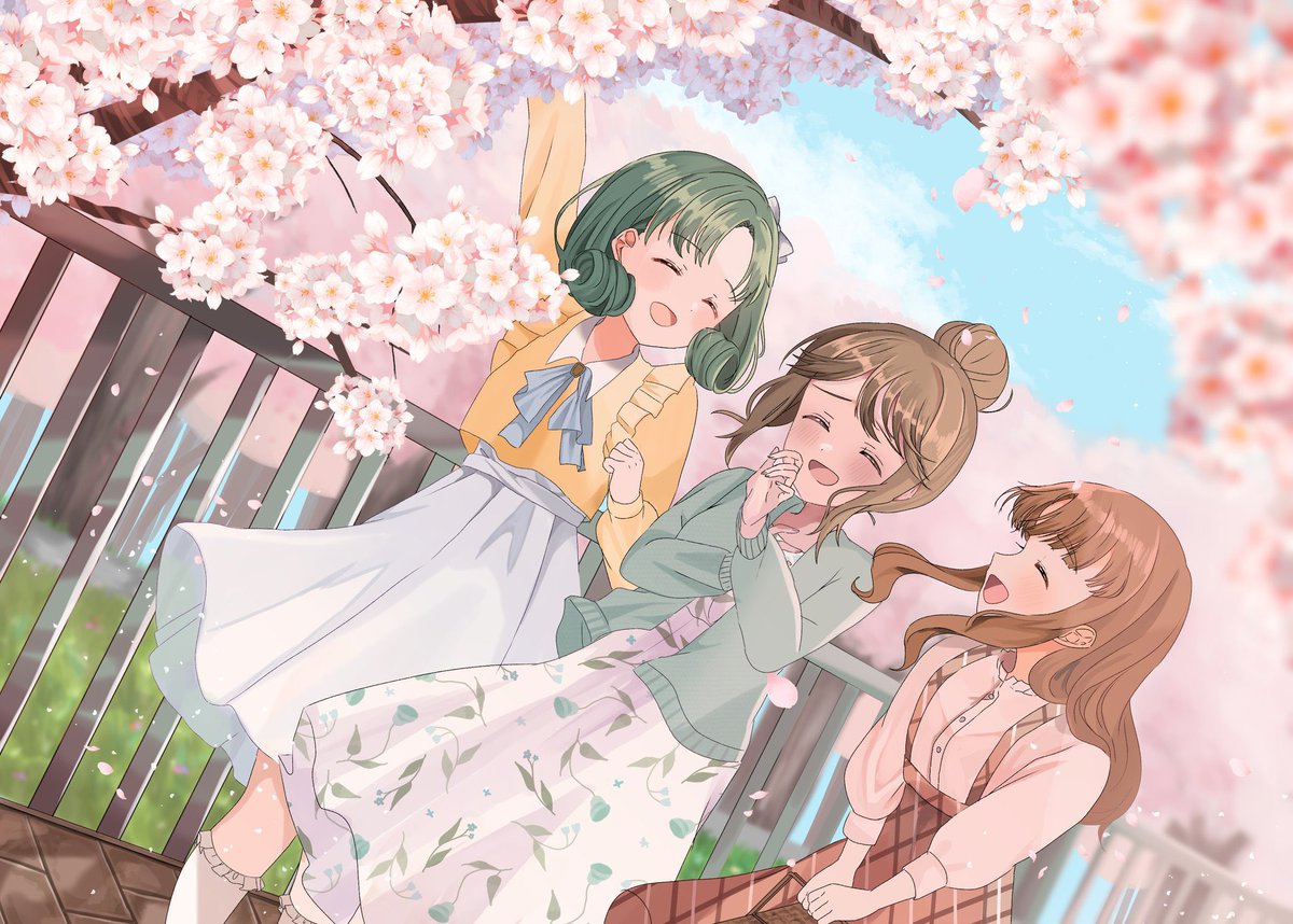 multiple girls 3girls closed eyes skirt cherry blossoms brown hair hair bun  illustration images