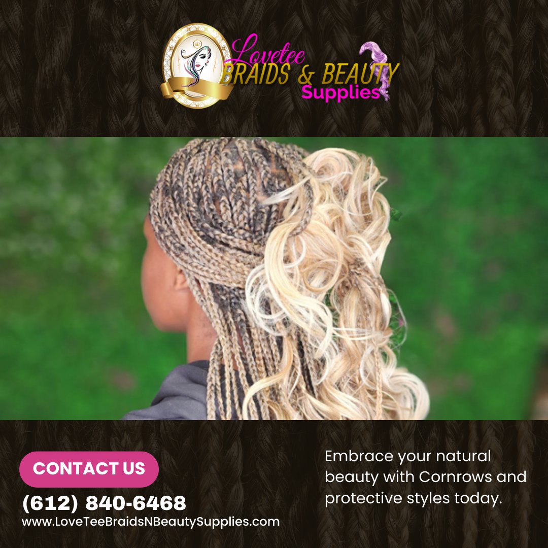 Embrace natural hair shrinkage with protective styles like Cornrows. Lovetee Braids & Beauty Supplies celebrates your unique texture. Explore hairstyle braids in Brooklyn Center MN. Contact us at (612) 840-6468. #NaturalTexture #BrooklynCenterMN