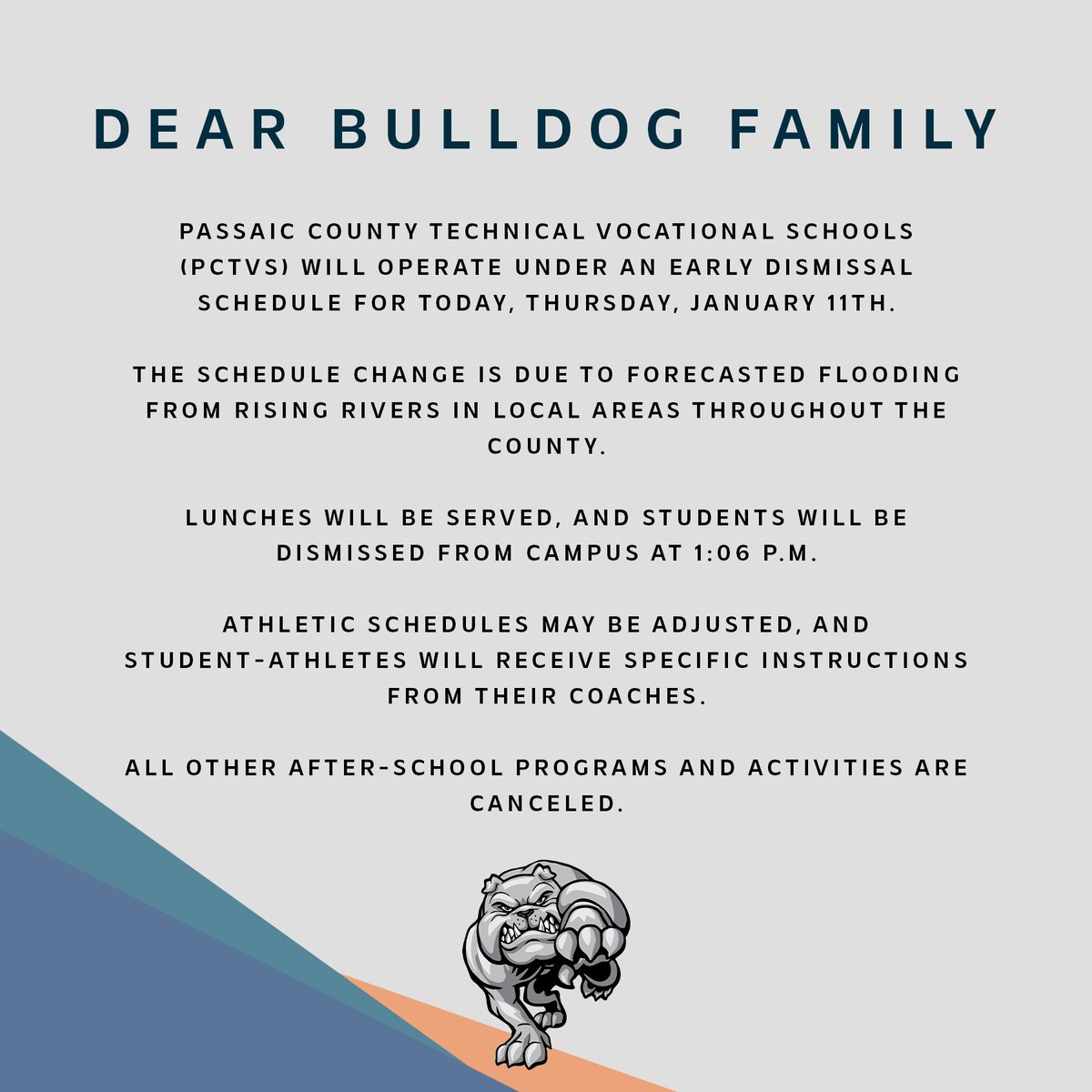 Passaic County Technical Vocational Schools (PCTVS) will operate under an early dismissal schedule for today, Thursday, January 11th.