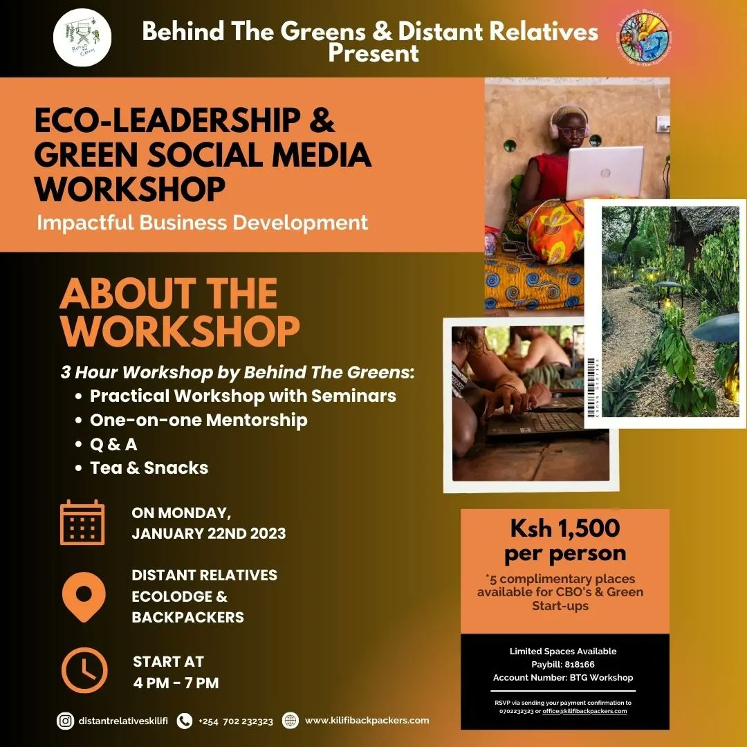 🌿 Calling eco-conscious businesses in Kenya! Join our workshop with @behind_the_greens: Mon 22 Jan. Boost your project with storytelling, content, & media strategies. Dive into eco-leadership, Q&A, and more! Limited spots. RSVP details in flyer.