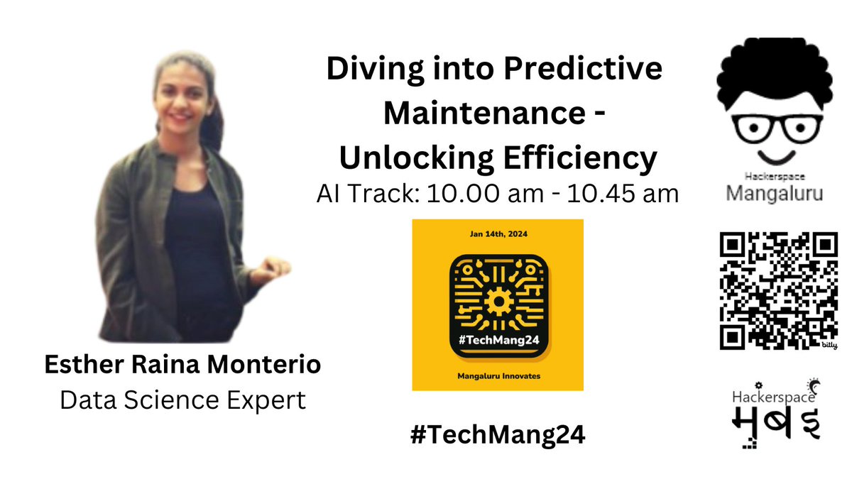 hackmum's tweet photo. Session 1 - #AI🛤️
⏲️: 10.00 am - 10.45 am
Esther Raina Monterio, a seasoned expert in Data Science, ​will explore the realm of Predictive Maintenance as she unravels its significance, applications, and implementation strategies in this engaging tech session.  #TechMang24 https://t.co/q7f0QJ4wvP