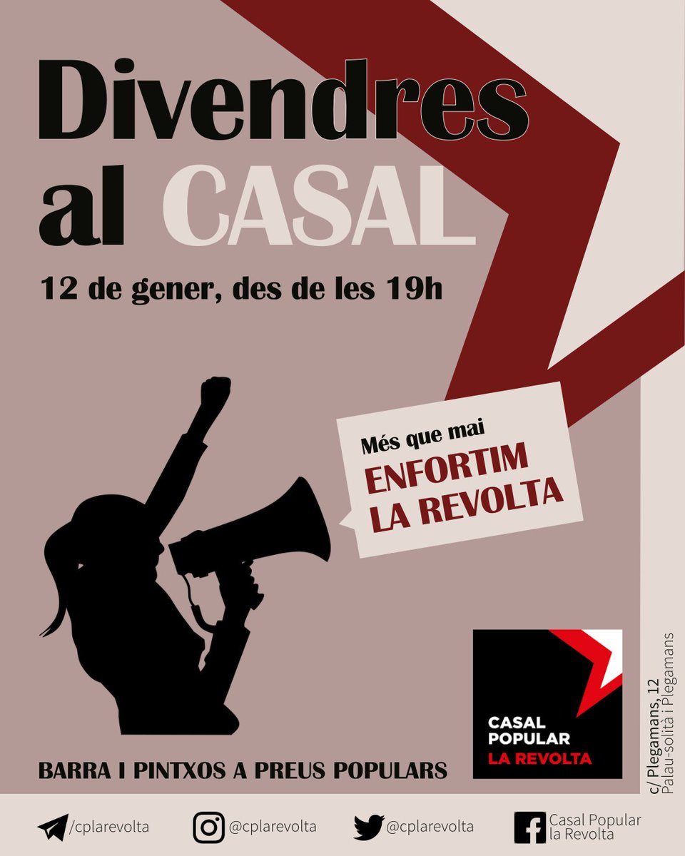 Després d’uns dies difícils, reprenem l’activitat del Casal més convençudes que mai de la necessitat d’aquest projecte.
Demà a les 19h obrirem amb el ja habitual “Divendres al Casal” i farem el sorteig de la panera previst per la Nit de reis.
Entre totes, enfortim La Revolta!