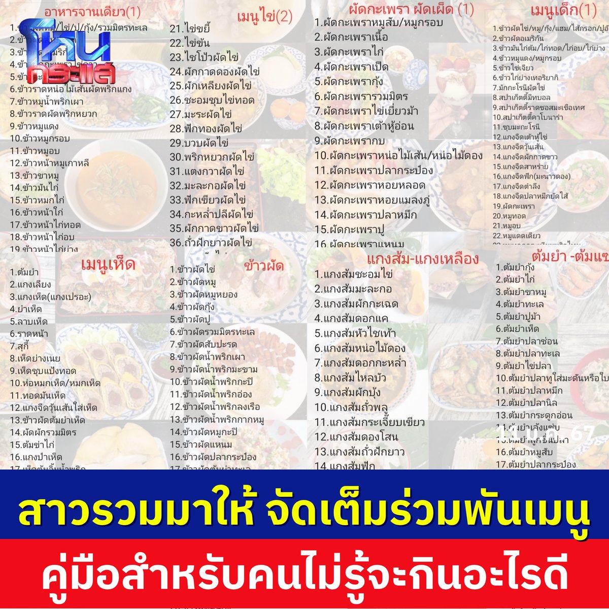 ท่านกำลังประสบปัญหา "วันนี้จะกินอะไรดี" ใช่หรือไม่ หมดปัญหารบกวนใจอีกต่อไป เพราะมีคนรวมมาให้แล้วจ้า เลือกได้เลย 555555555555