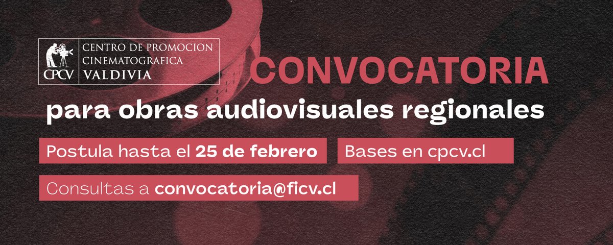 Convocatoria Obras Audiovisuales Regionales

<a href="/cpcv_valdivia/">CPCV</a> abre convocatoria hasta el 25 de febrero para creadores que hayan realizado obras en la Región de Los Ríos y busquen un espacio de difusión en su programa de 2024

Postulaciones hasta el 25 feb.
👉bit.ly/48oMqx8