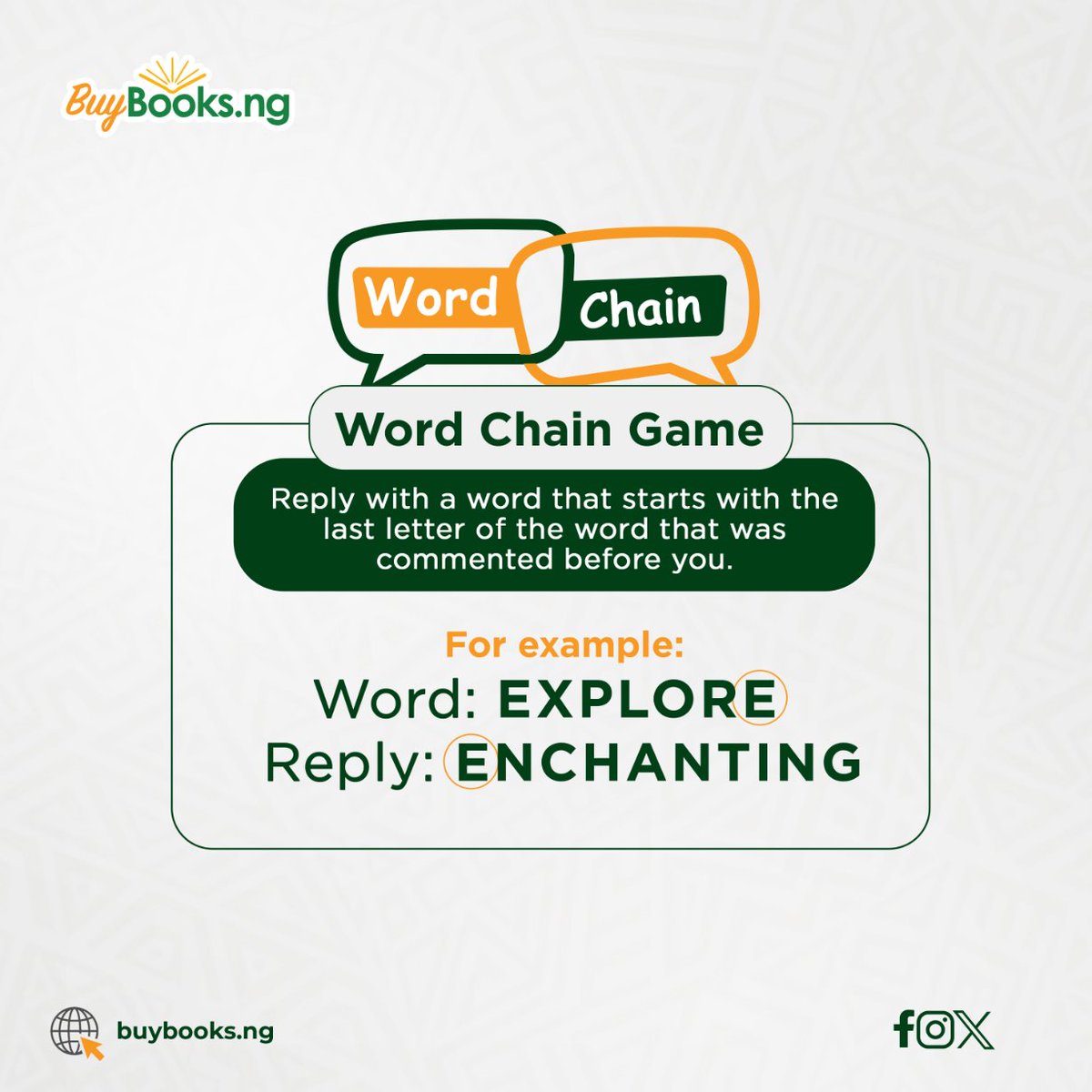Buybooksng's tweet photo. Word Chain Game
Reply with a word that starts with the last letter of the word that was commented before you.
Use the example in below👇
Let's go!!
#wordchain #gametime #buybooksng https://t.co/t77SBBz1ej