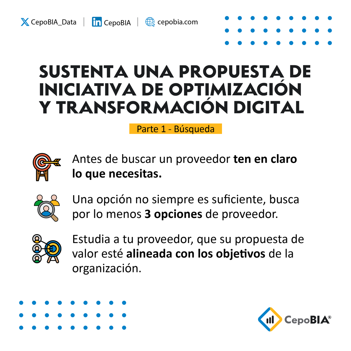 CepoBIA_Data's tweet photo. ¿Cómo sustento una propuesta de iniciativa de optimización y #TransformacionDigital en la organización para una aprobación presupuestal? En los siguientes posts te enseñaremos cómo tener la #Seguridad para sustentar esta #iniciativa https://t.co/naVxmZFLos