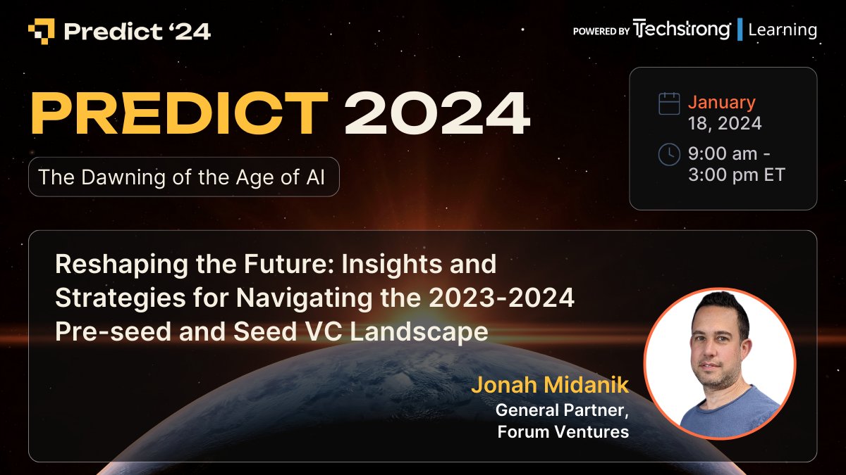forumventures's tweet photo. @midanik_jonah will be speaking at #Predict24 on January 18 with a panel of the top leaders in DevOps on Insights and Strategies for Navigating the 2024 Pre-seed and Seed Landscape. Don’t miss out!
Register now for free: https://t.co/bxINqrndvf
@TechstrongLrn @devopsdotcom https://t.co/3nBDUzrGbM