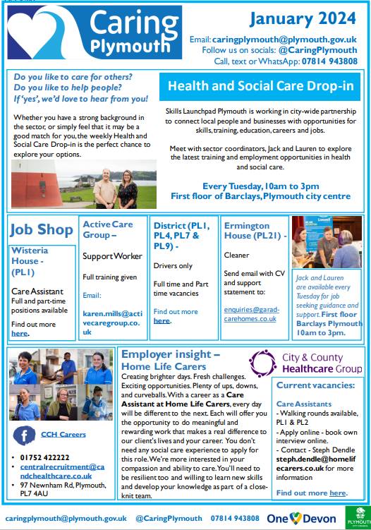 CaringPlymouth's tweet photo. Have you seen our @CaringPlymouth monthly mailer?
Each month we bring you the latest #health and #socialcare jobs, employer insights, volunteer opportunities, events and more!
Check it out here ๐ https://t.co/IP7DTgYi2j
#skillsforcare #careersincare #volunteering #carevalues https://t.co/vEjsMQUY5V