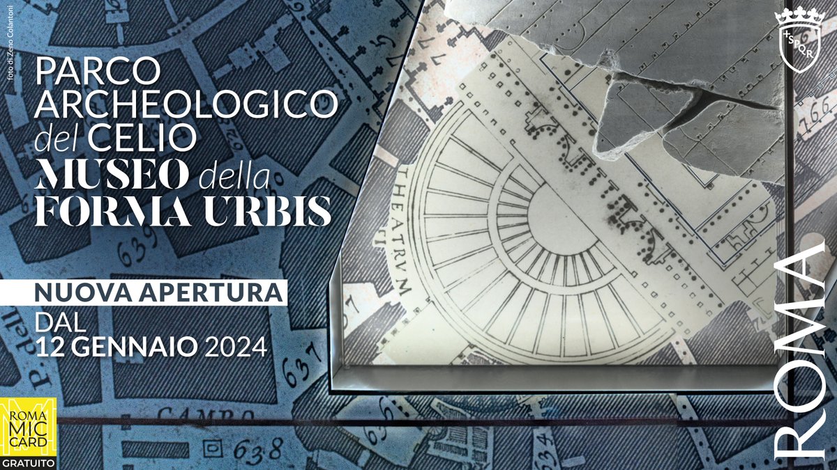 Sovrintendenza's tweet photo. Domani 12 gennaio apre il Museo della Forma Urbis nel nuovo Parco Archeologico del Celio! La celebre pianta marmorea dell'antica Roma torna a essere visibile al pubblico insieme a una collezione di materiali archeologici esposti nel Parco. Per info https://t.co/Wdw4jLqHC4 https://t.co/Nwu5a9CNET