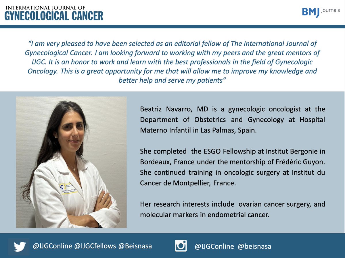 IJGConline's tweet photo. Dr. Beatriz Navarro @Beisnasa, from Spain 🇪🇸 is a gynecologic oncologist and one of our new #EditorialFellows.

Welcome Beatriz! 👋

@pedroramirezMD @HsuMd @JayrajAarthi @AndreFernandes2 @IGCSociety @ESGO_society @ENYGO_official @OncoAlert @IJGCfellows @GynMe4 https://t.co/IsYlPlNekN