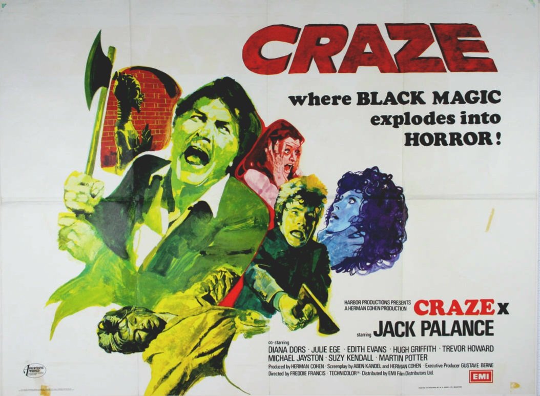UK film poster for #Craze (1974 - Dir. #FreddieFrancis) #JackPalance #DianaDors #JulieEge #SuzyKendall