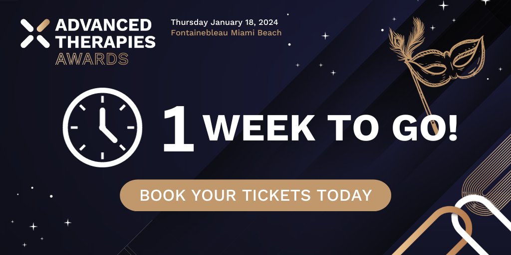 [#AdvancedTherapiesAwards 🏆]

1 WEEK TO GO!

Are you joining us for a masquerade extravaganza as we celebrate all the latest achievements in advanced therapies? 

If you haven't already, snap up your ticket before they all go 👉 ow.ly/6WzF50Q7SAZ

#ATA24 #advancedtherapies