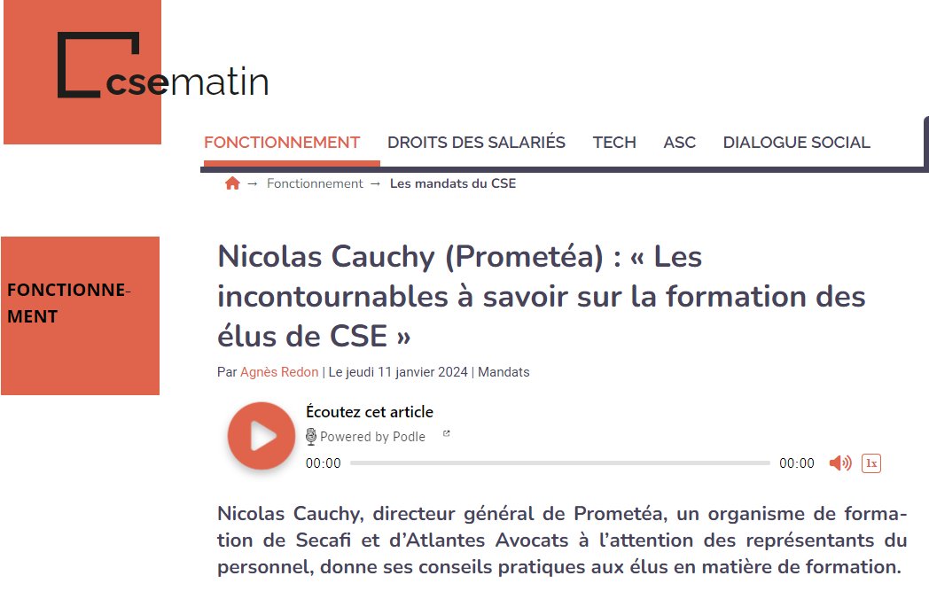 #Interview 🎤
Merci <a href="/AgnesRedon/">Agnès Redon</a> <a href="/CseMatin/">CSE Matin</a> pour l'#itw de <a href="/cauchy_nicolas/">Nicolas cauchy</a>, DG de <a href="/Prometea_aa/">Prometea</a>, organisme de #formation créé avec <a href="/AtlantesAvocats/">Atlantes Avocats</a>.
"Quand les élus se réunissent autour d’un formateur, la qualité des échanges &amp; du partage est démultipliée".
csematin.com/fonctionnement…