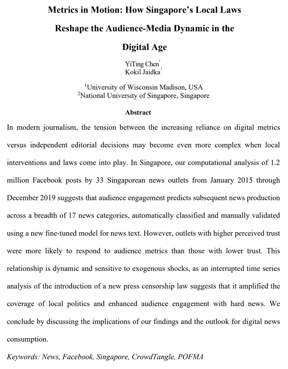 Stoked that @chenyiting99 (and I) will get to present at #ICA24!
How do anti- #fakenews laws affect the news envt?  
Check out our preprint: 'Metrics in Motion: How #Singapore’s Local Laws Reshape the Audience-Media Dynamic in the Digital Age'
Paper: papers.ssrn.com/sol3/papers.cf…

1/n