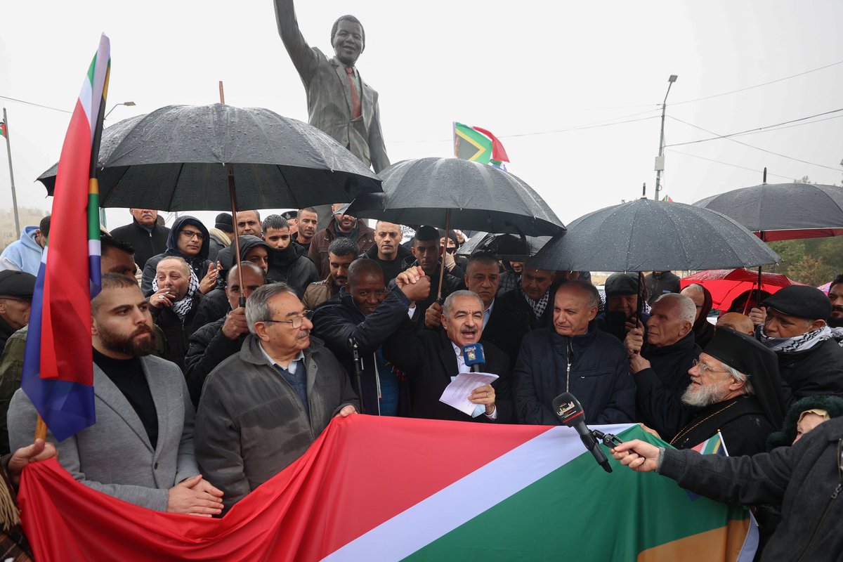 Standing before the Mandela monument in Palestine: We thank you, South Africa. We salute all those who defend human dignity and human rights. Today, Israel stands accused before the International Court of Justice by all the free people of the world. Palestine is the cause of