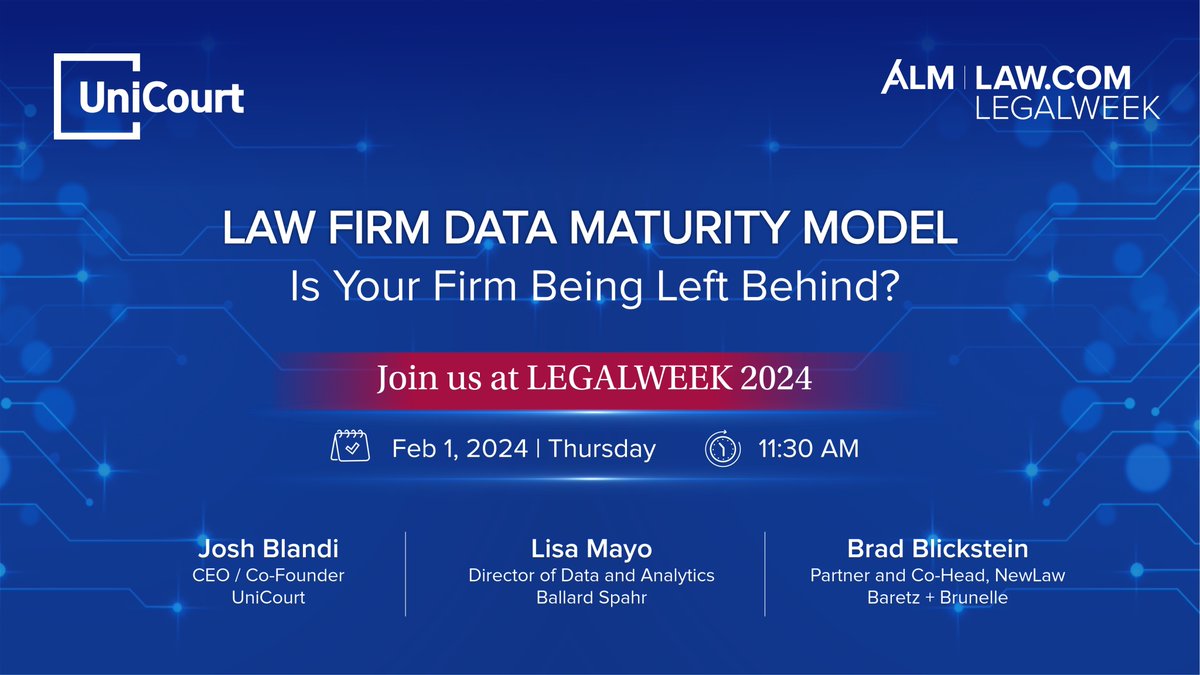 UniCourtInc's tweet photo. Are you planning to attend #Legalweek2024?
Don’t miss @UniCourtInc’s educational session on Thursday at 11:30 am.
Law Firm Data Maturity Model: Is Your Firm Being Left Behind?
The panelists will be discussing #LawFirm readiness for using Federal and State #LitigationData in #BusinessDevelopment activities. The Data Maturity Model is a benchmarking tool developed from the #CMO interviews performed by panel moderator @bradblickstein of @BaretzBrunelle in conjunction with UniCourt.
If revenue growth is important to your firm, this session is a “must-attend” for you and your colleagues.
See you there. And, while visiting the exhibit hall, be sure to stop by Booth #3109 in America’s Hall 2 to speak with one of our #API experts.
@LegalweekShow #Legalweek24 #LegalTech #LitigationData #BizDev