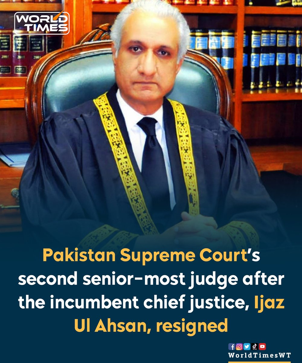 WorldTimesWT's tweet photo. Senior most Judge of Pakistan #SupremeCourt Justice Ijazul Ahsan has resigned from his post and sent his resignation to the President of #Pakistan Dr Arif Alvi.

Justice Ejaz ul Ahsan was to become the Chief Justice of Pakistan after Chief Justice Qazi Faiz Isa. Justice Ejaz ul Ahsan was the most senior judge after Justice Sardar Tariq Masood, who would retire on March 10, 2024.

After Qazi Faiz Isa, Justice Ejazul Hasan was to become the Chief Justice. After the resignation of Justice Ejazul Hasan, now Justice Mansoor Ali Shah will become the Chief Justice of Pakistan. Justice Ejaz Ul Ahsan did not attend the meeting of the Supreme Judicial Council today.