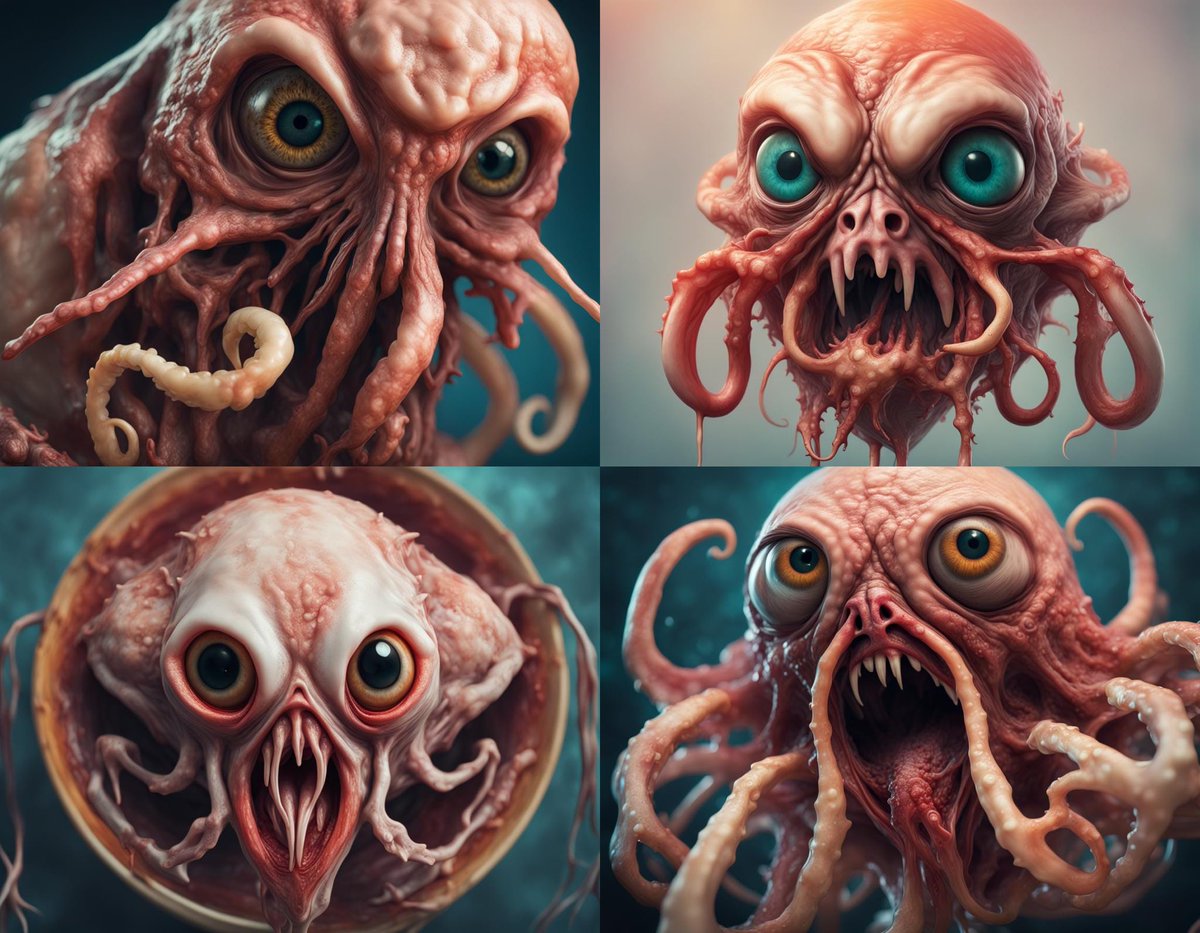 backprawns's tweet photo. "Terrifying Horrific homunculus miasma nasty lobotomy meatus calamari homunculus vivisection beak horror - made with @NightCafeStudio
https://t.co/zvcFKSpCEt
#aiart #nightcafe #digitalart #calamari #squid #tapas #horsdoevres #amusebouche #canapes #fingerfood #fingerbuffet https://t.co/rZP4sl8nSt