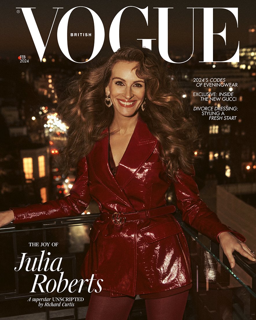 BritishVogue's tweet photo. #JuliaRoberts is finally a #BritishVogue cover star, making her debut on the February 2024 issue. #RichardCurtis, a dear friend of Roberts, heads to her London hotel to reveal the many faces of a true Hollywood legend. Read their conversation here, and see the full story in the new issue, on newsstands Tuesday 16 January: https://t.co/YAFD1D1yan