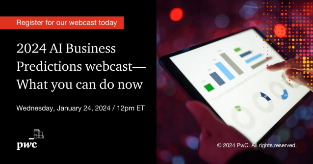 afh00d's tweet photo. In 2024, artificial intelligence (AI) will start to fundamentally change how business gets done. Join PwC’s AI leaders for a panel discussion where we dive deeper into our six AI business predictions for 2024. https://t.co/KwRnKnO8Ma https://t.co/JjfTSFRv1T