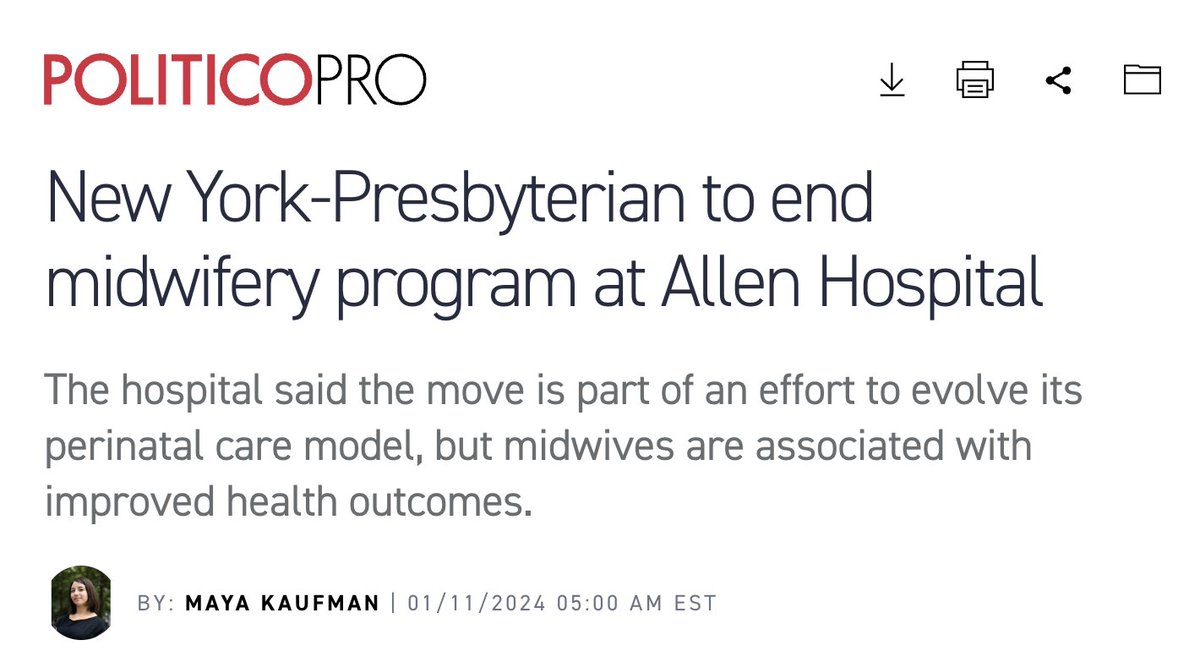 Meanwhile, in the U.S., one of New York's biggest health systems — New York-Presbyterian — is halting midwifery services at one of its hospitals, I report today. subscriber.politicopro.com/article/articl…