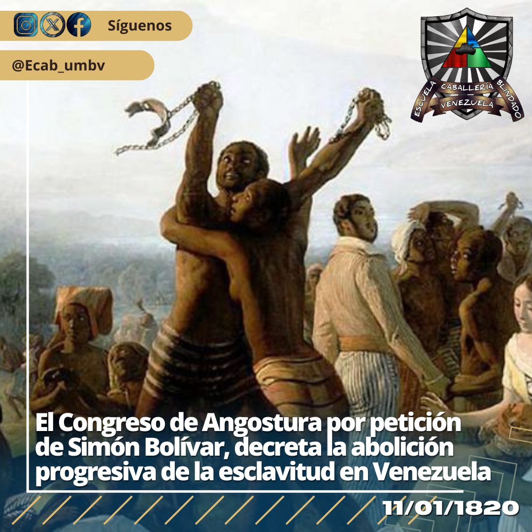 📃#11Ene || En 1820, el Libertador Simón Bolívar realiza una petición al Congreso de Angostura, para la liberación progresiva de la esclavitud en #Venezuela, para seguir sumando y fortaleciendo el Ejercito Libertador.
#VenezuelaAvanzaEnPaz