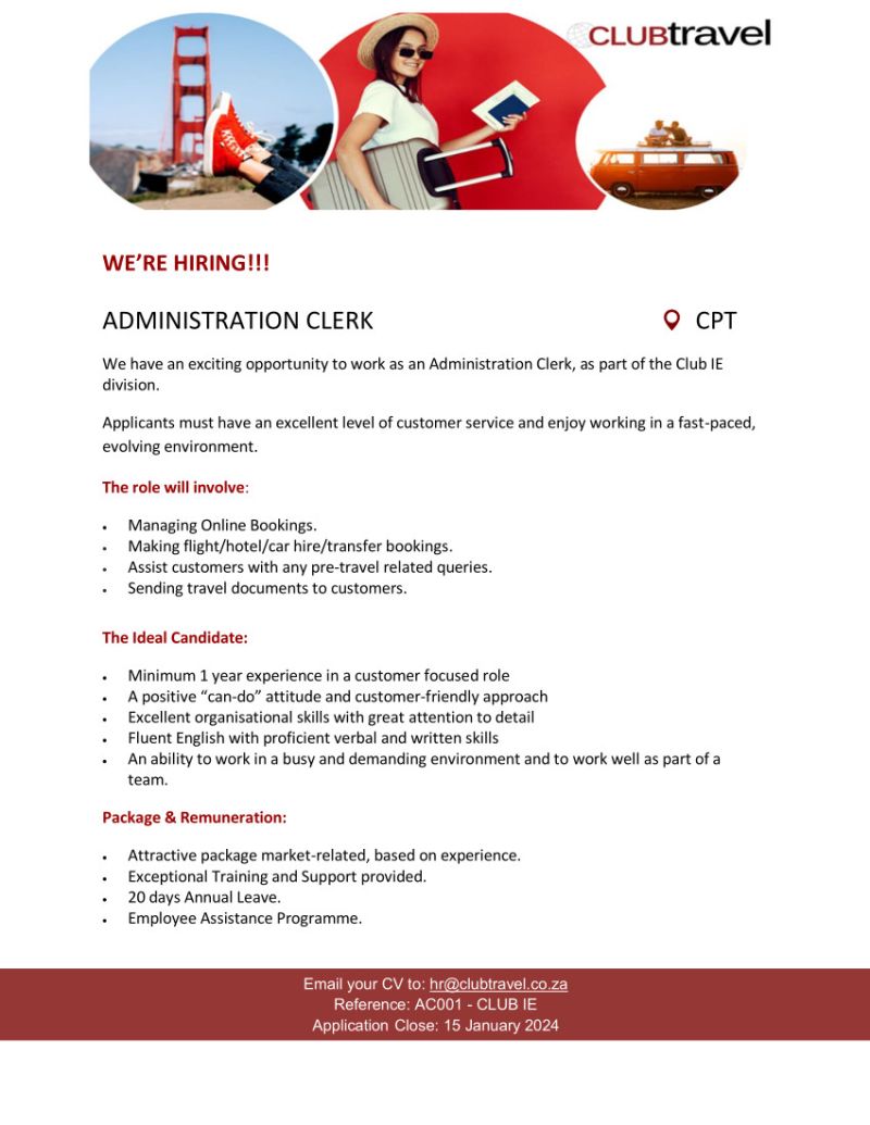 CarolBoitumelo1's tweet photo. We have an exciting opportunity to work as an Administration Clerk.

Closing Date : 15 January 2024
Send CV to hr@clubtravel.co.za 

Reference : AC001-CLUB IE https://t.co/T1CA3SgRZ6