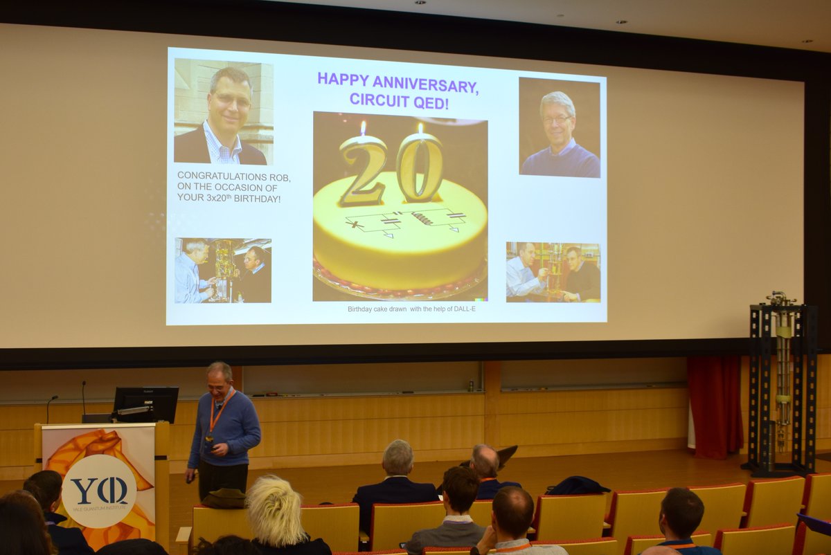 Yale_QI's tweet photo. Michel Devoret is celebrating 20 years of cQED with an interrogative keynote: How fast can we remove entropy from superconducting qubit? https://t.co/ANYCvJ9Xfu