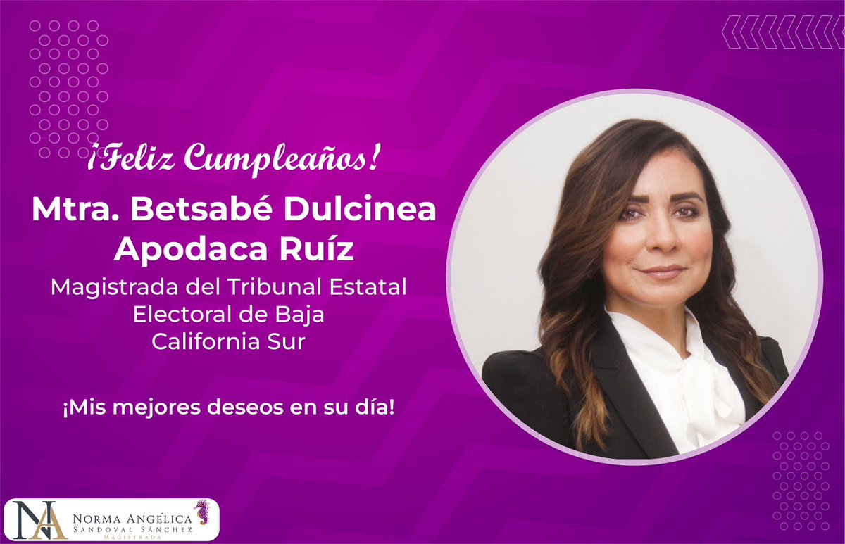 Mis mejores deseos a la Mtra. <a href="/ApodacaDulcinea/">Betsabé Dulcinea Apodaca Ruiz</a> Magistrada del <a href="/TEEBCS/">Tribunal Estatal Electoral BCS</a>, con motivo de su cumpleaños. 
Reciba un abrazo con afecto y que tenga un feliz día 🎂