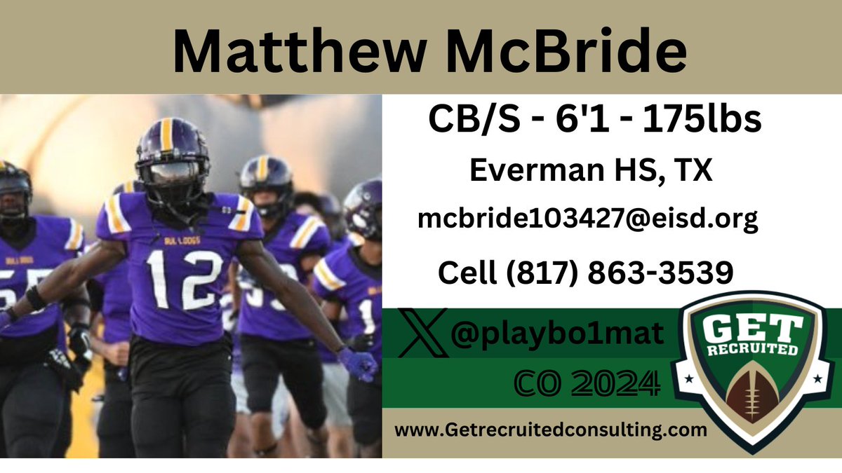 Matthew McBride - CO 2024 - CB/S - 6'1, 175lbs - Good size, ball hawk, hitter. Everman HS, TX - Player profile: getrecruitedconsulting.com/recruit/matthe… <a href="/playbo1mat/">Matthew McBride</a> @1of1lifeskills <a href="/WTAMUFootball/">Buffalo Football</a> <a href="/cdole13/">Clint Dolezel</a> @ASURamFootball <a href="/ACUFootball/">ACU Football</a> <a href="/ucobronchofb/">UCO Football</a> <a href="/Coach_Brady/">Aaron Brady</a>