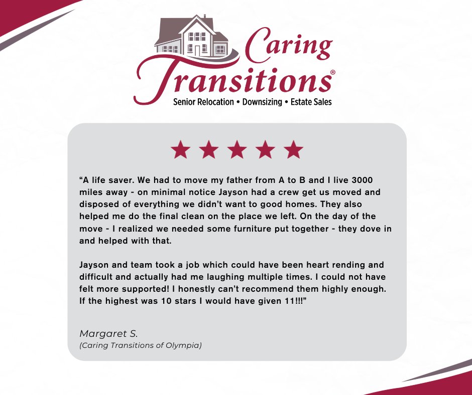 CaringTransCorp's tweet photo. Thank you, Margaret, for putting your trust in Caring Transitions!
We understand the challenges that come with transitions especially one that involves such a lengthy move.
Call today to schedule your free consultation: (844) 220-5427
#Testimonial #SeniorRelocation https://t.co/5W1TnOJ8dn