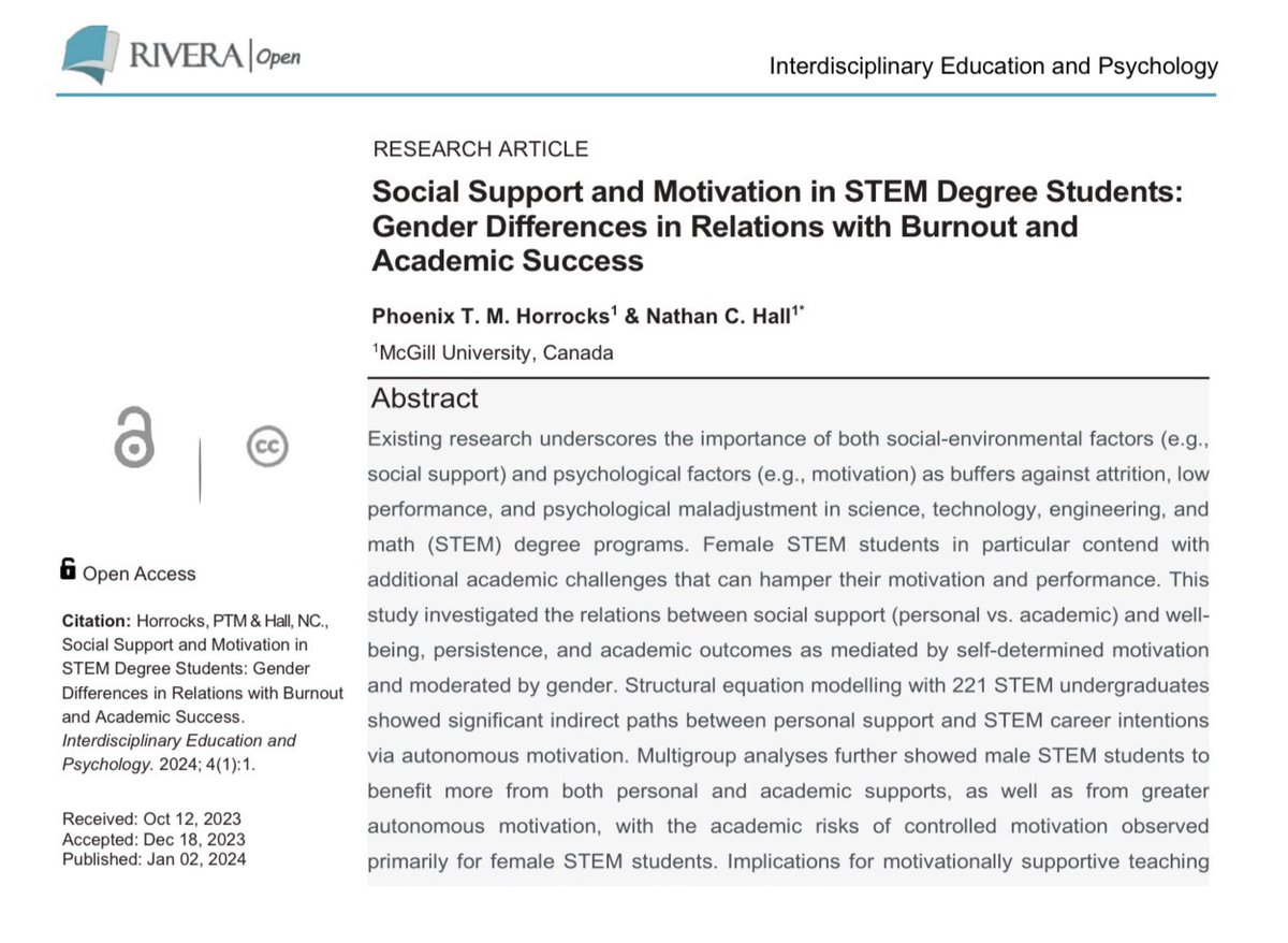 AME_Research's tweet photo. Our latest open access publication co-authored by @phoenixhorrocks and @prof_nch is now available. This study showed male STEM undergrads to benefit more from personal and academic supports, with external motivation being especially detrimental for women: https://t.co/cwavrwiaaR https://t.co/JDb30GIUTH