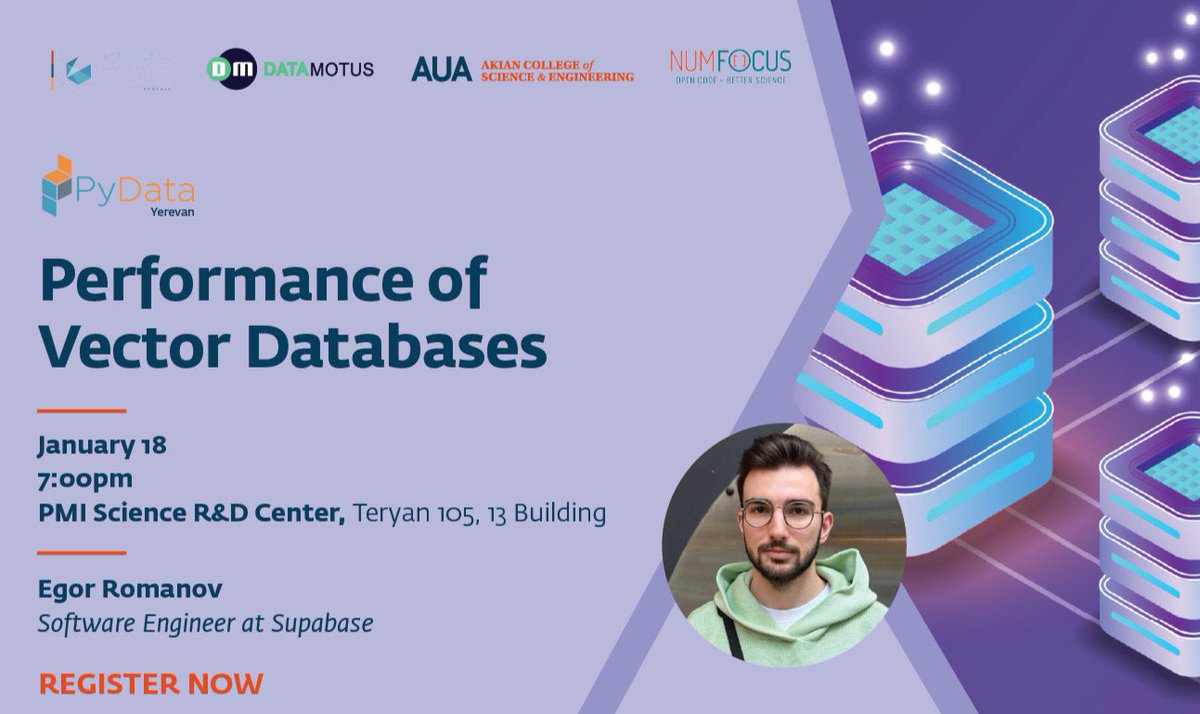 pydata_yerevan's tweet image. 🔔Have you registered to join the “Performance of Vector Databases” #PyDataYVN meetup?  forms.gle/DFvqaLMjXtHVfU… 

Our speaker, Egor Romanov, is a Software Engineer at Supabase, an open-source Firebase alternative, overseeing product quality and conducting performance research.