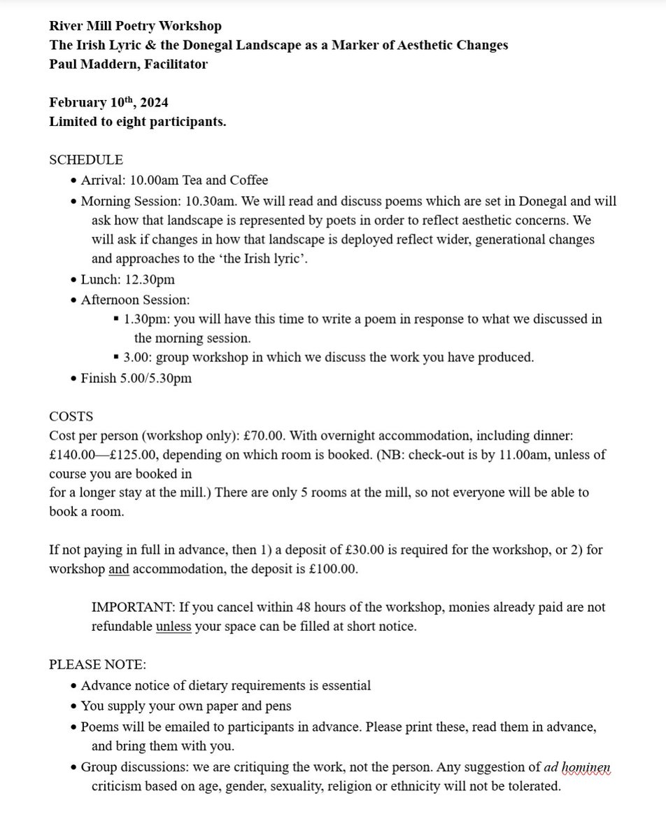 2nd River Mill Workshop of the year. See photo for details. Feb 10. Poems by Ethna Carbery, Derek Mahon, Conor O'Callaghan, Leontia Flynn, Mícheál McCann, Jean Bleakney, & Annemarie Ní Churreáin. Email inforivermill@gmail.com to reserve a spot.