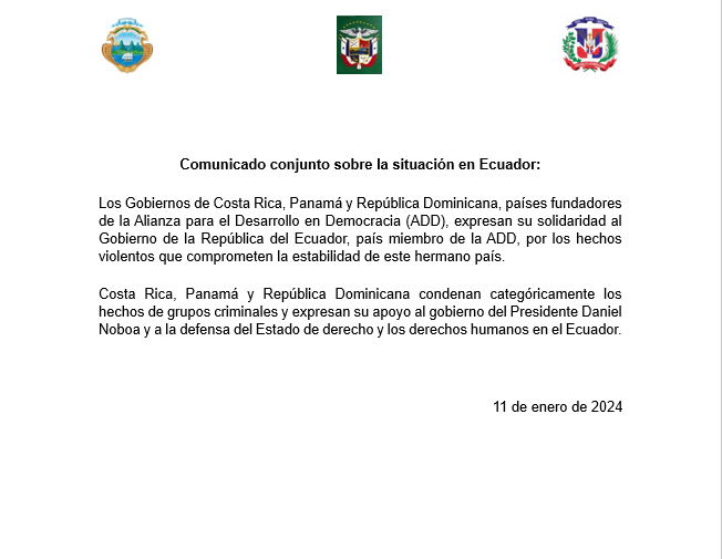 CRcancilleria's tweet photo. Comunicado conjunto sobre la situación en Ecuador https://t.co/WCYQctqUd0