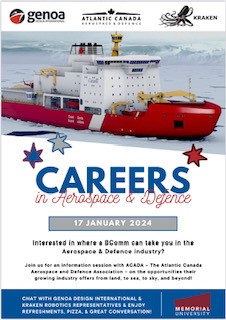 Mun Business students, join us Jan17 in the RBC Atrium to speak with members of Kraken Robotics, Genoa &amp; Atlantic Canada Aerospace &amp; Defense Association &amp; hear about career opportunities in exciting industries.   <a href="/MUNBusiness/">MUN Business</a> <a href="/ACADA_Atlantic/">ACADA</a> <a href="/KrakenRobotics/">Kraken Robotics</a> <a href="/genoadesign/">Genoa Design</a>