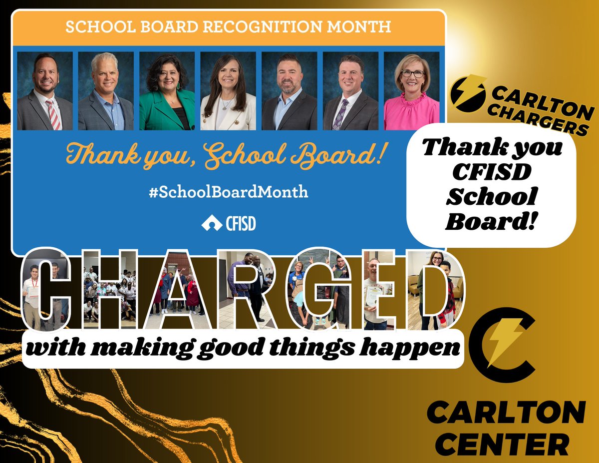 Happy School Board Recognition Month from the Carlton Center!! ⚡️⚡️⚡️ #SchoolBoardMonth #ChargersRock #ChargedUp