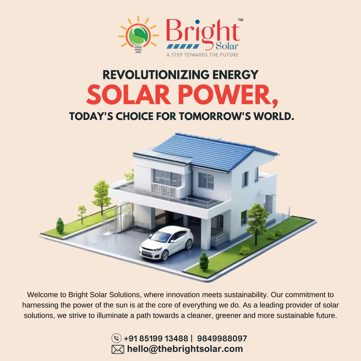 🌞 Bright Solar Solutions: A Step Towards the Future
Revolutionizing energy with the brilliance of solar power, we welcome you to a brighter, sustainable tomorrow. 

#BrightSolar #SolarPowerRevolution #CleanEnergyFuture #SustainableLiving #InnovationInSolar #BrighterTomorrow