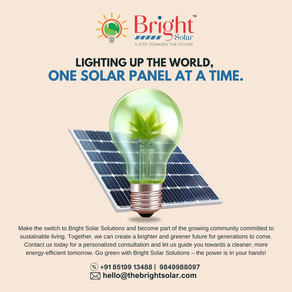 Make the switch to Bright Solar Solutions and join the movement toward sustainable living.

💚 Together, we can create a brighter and greener future for generations to come. 
#BrightSolar #SolarPowerRevolution #SustainableLiving #InnovationInSolar #BrighterTomorrow #solarcompany