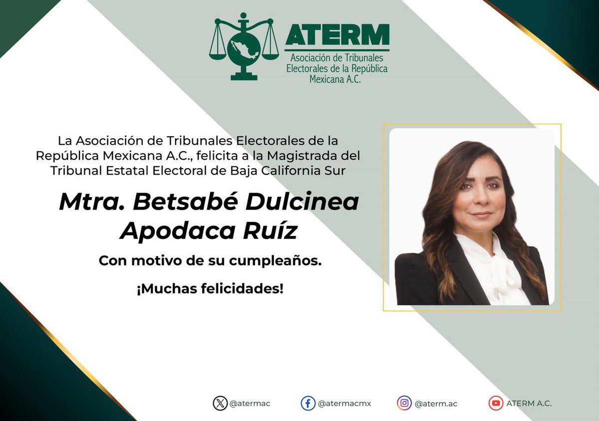 #Felicitamos a la Mtra. <a href="/ApodacaDulcinea/">Betsabé Dulcinea Apodaca Ruiz</a>, Magistrada del <a href="/TEEBCS/">Tribunal Estatal Electoral BCS</a>, con motivo de su cumpleaños 🎂 
¡Muchas felicidades!