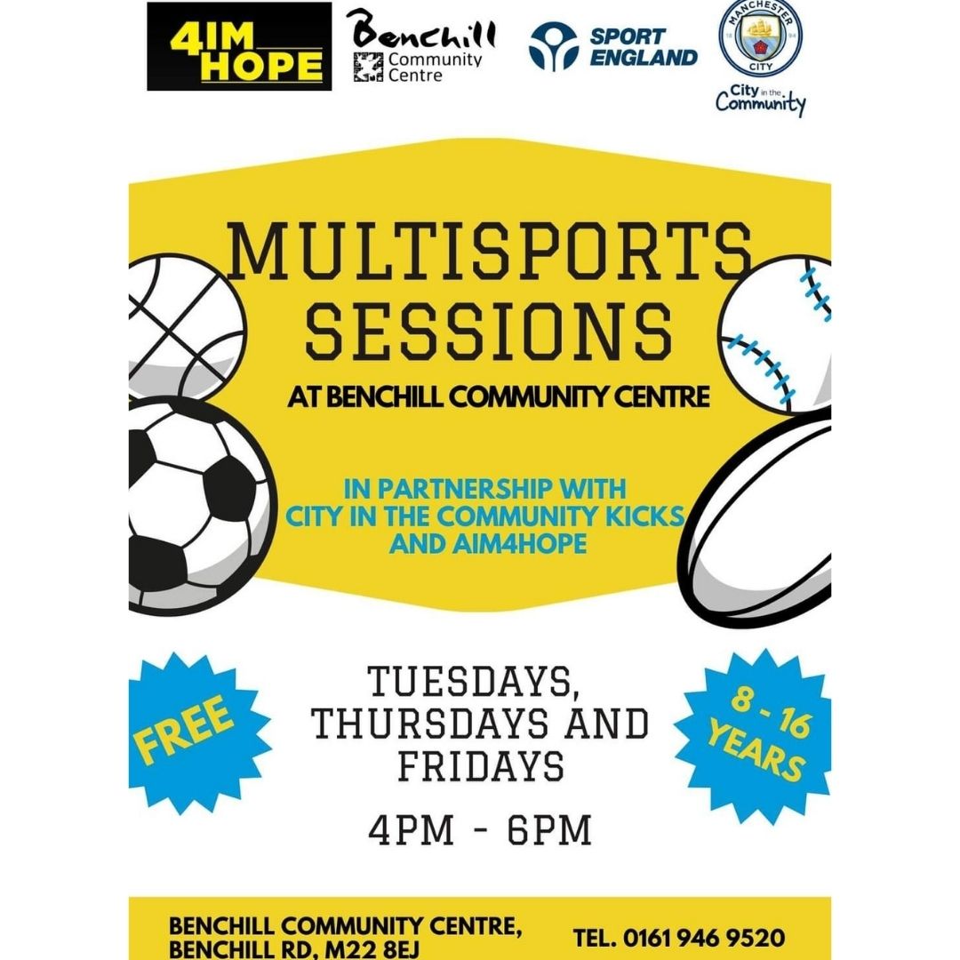 Southsidemag's tweet image. Are you   interested in multi sports sessions in collabration with Aim4Hope and @citcmancity Foundation at @benchillcomcent 4pm-6pm Tuesdays,   Thursdays and Friday.